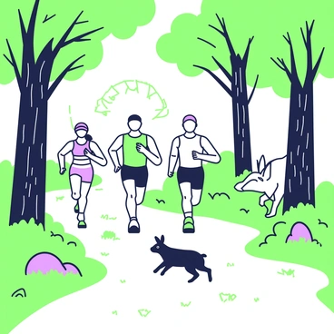 A group of athletes is running along a forest trail during a nature relay. There are four athletes, each in different athletic gear, showcasing their dynamic movements as they sprint forward. Tall trees with textured bark surround the trail, their leaves forming a dense green canopy overhead. A deer can be seen peeking through the underbrush on the right side of the trail, while a rabbit hops along the path in front of the runners. Sunlight filters through the branches, casting dappled shadows on the ground. The atmosphere is lively with the energy of the race and the sounds of wildlife.