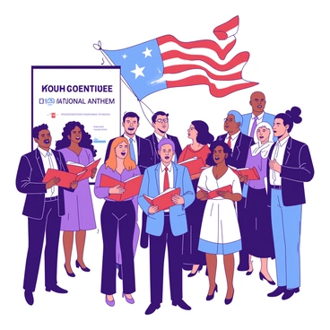 A group of diverse individuals in formal attire stands together, singing "the national anthem" with unity and enthusiasm. Their faces reflect pride and determination as they focus on their performance. In the background, a large flag waves gently in the wind, displaying vibrant colors. The setting is adorned with banners and decorations indicative of a significant government event. The choir members are positioned in a semi-circle, with some holding sheet music while others are fully engaged in the moment.
