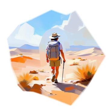 A lone hiker with a determined expression is walking across a vast desert landscape. The hiker is wearing a wide-brimmed hat and a light-colored shirt to protect against the sun. A sturdy backpack is slung over their shoulders, and they are taking purposeful steps on the warm, sandy ground. The desert stretches endlessly in the background, with rolling dunes and sparse vegetation, under a clear blue sky dotted with a few wispy clouds. The scene captures the sense of adventure and perseverance in an arid environment.