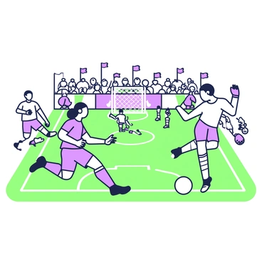 A soccer field is filled with players in action during a historic match. In the foreground, a player with a determined expression is about to strike the ball, with his foot raised and the ball positioned just in front of him. Nearby, a goalkeeper is diving to his right in an attempt to block the incoming shot, his body stretched and reaching for the ball. Other players are scattered around, some with focused gazes while others are in mid-motion, showcasing a sense of urgency. The crowd in the background is a blur of excitement, with hands raised and flags waving. The field itself is marked with white lines, and the goalposts stand tall at the far end of the field.