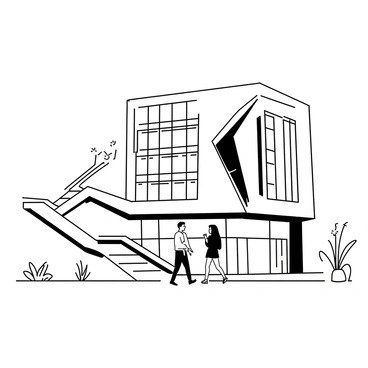 A futuristic hotel with sleek architecture, featuring smooth lines and geometric shapes. The building has large glass windows that reflect the surroundings, creating a sense of openness. There are multiple levels connected by elegant staircases and walkways. Glowing neon accents highlight the edges of the structure and outline the entrance, adding a modern touch. The surrounding area includes manicured landscaping with minimalist plants and pathways. There are a few people in smart casual attire walking towards the hotel, engaged in conversation.