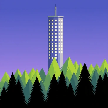A tall tower with glowing windows, looming over the forest treetops