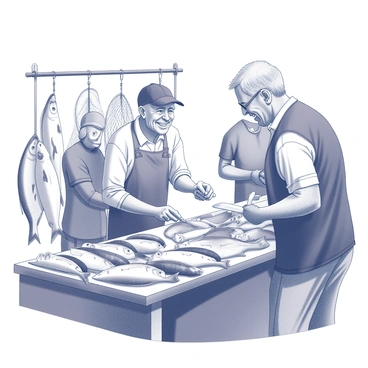 An elderly fisherman is standing at his stall, surrounded by various fish laid out on a wooden table. He has weathered hands, skillfully cleaning the fish with a knife. His face shows the lines of a life spent by the sea, and he has a warm smile as he engages with a small group of customers. They appear attentive and interested, leaning in to listen to his stories. In the background, there are fishing nets and tools, adding to the ambiance of a bustling market scene. The sun casts gentle shadows, enhancing the details of the stall and the expressions of the people.