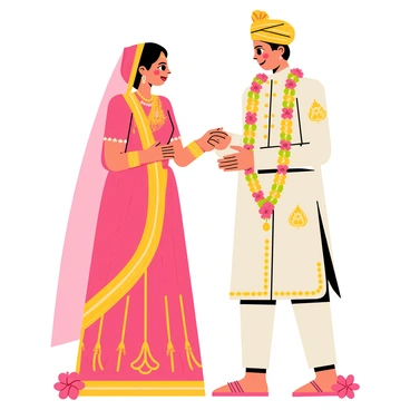 A charming doodle featuring a smiling bride and groom standing face to face. The bride is wearing a colorful traditional red and gold lehenga, adorned with intricate patterns and jewelry. The groom is dressed in a cream-colored sherwani with golden embroidery and a matching turban. They are exchanging garlands made of vibrant flowers, with the garlands draped around their necks. Surrounding them are small decorative elements, such as lotus flowers and traditional Indian motifs, enhancing the festive atmosphere of the wedding. Bright colors and cheerful expressions are prominent throughout the scene.