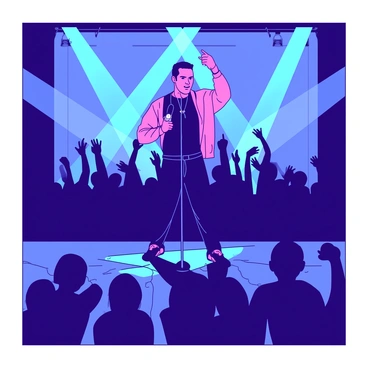 A singer stands on a stage, illuminated by vibrant neon lights in shades of blue and pink. The singer is in mid-performance, with one hand holding a microphone and the other gesturing expressively. The crowd is visible in the foreground, depicted in silhouette, with raised hands and animated poses as they enjoy the captivating show. The neon lights create dynamic reflections on the floor, enhancing the energy of the scene. The singer wears a stylish outfit that complements the colorful lights surrounding them.