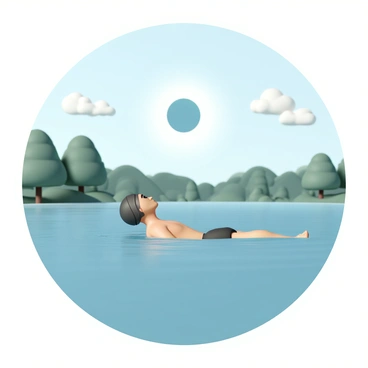 A swimmer, wearing a black swimsuit and swimming cap, is floating on their back in the middle of a calm lake. The water is a deep blue, gently reflecting the sunlight. The swimmer is gazing up at the sky, observing a solar eclipse, with the sun partially covered by the moon, creating a dramatic contrast against the bright sky. Surrounding the lake, there are lush green trees lining the shore, and a few fluffy white clouds drift lazily above. The atmosphere is tranquil, with the surface of the water disturbed only by the swimmer's slight movements.