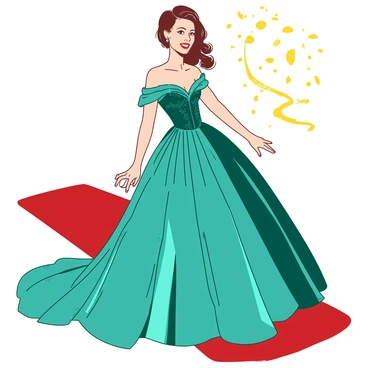 A teal retro Hollywood actress is confidently posing on a red carpet, wearing a stunning ball gown made of shimmering fabric that drapes elegantly to the floor. The gown has intricate details, including a fitted bodice and a flowing skirt adorned with sequins. The actress has her hair styled in classic waves, and she is smiling gracefully while holding a small white clutch bag. In the background, golden lights flicker, adding a touch of glamour to the scene.
