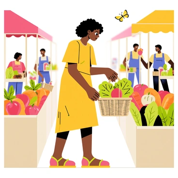 A black woman with curly hair wearing a bright yellow dress is carefully selecting fresh vegetables at a bustling local market. She has a wicker basket in her hand, filled with vibrant green lettuce and a variety of colorful peppers. Surrounding her are vendor stalls displaying an array of fruits and vegetables, including red tomatoes, orange carrots, and leafy greens. The market is filled with other shoppers, creating an energetic atmosphere. Brightly colored banners hang above the stalls, and a few butterflies are fluttering nearby, adding to the lively scene.