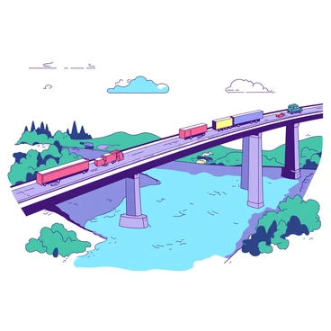 A duotone illustration depicts a long interstate bridge spanning over a wide river. The bridge is made of sturdy steel and features multiple lanes filled with various vehicles, including cars and trucks, all in motion. Below, the river flows calmly, reflecting the colors of the scene. On either side of the riverbank, there are patches of green grass and sparse trees, adding to the natural landscape surrounding the bridge. The sky above is clear with a few scattered clouds, completing the scene of a busy travel route.