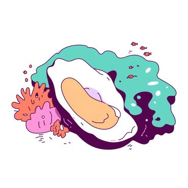 An oyster with a white shell is nestled beside a teal sea sponge on a coral reef. The oyster is partially open, revealing its soft interior. Surrounding the oyster and sponge, various coral formations exhibit shades of orange and pink, adding to the vibrant underwater scene. Sunlight filters through the water, creating shimmering patterns on the reef. Small fish swim around, adding movement to the tranquil marine environment.