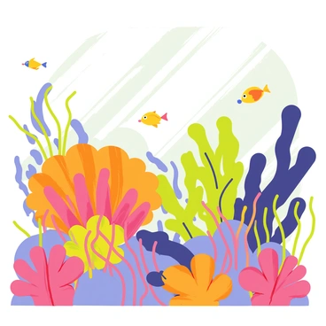 A coral reef with various shapes and formations, showcasing intricate detail. The reef is vibrant with shades of orange, purple, and green. Numerous colorful fish, including small yellow and blue fish, swim among the coral structures. Brightly colored sea anemones with flowing tentacles are visible, adding to the liveliness of the scene. Sunlight filters through the water, creating a shimmering effect on the coral and fish.