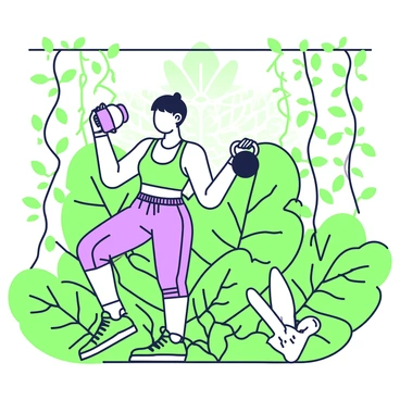 A person is performing kettlebell swings in a dynamic posture. The individual has a focused expression and is dressed in athletic wear, standing on a slightly uneven surface. Surrounding the person, there is dense rainforest vegetation, featuring tall, leafy plants and vines cascading down. A few large, broad leaves are visible in the foreground, while a variety of greenery fills the background. Sunlight filters through the canopy above, creating dappled light patterns on the ground.