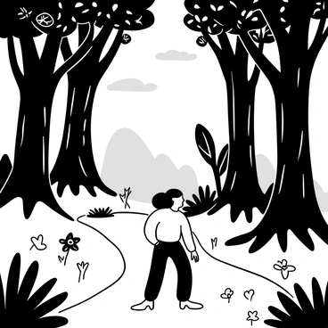 A woman named "Amy" walking along a path in a dense forest. Towering trees with intricate bark surround her, their branches adorned with leaves that have a shimmering quality. The forest floor is covered in a soft layer of moss and scattered flowers. Sunlight filters through the canopy, creating patterns of light and shadow on the ground. In the background, there are hints of mysterious shapes and shadows, adding to the enchanting atmosphere of the scene.