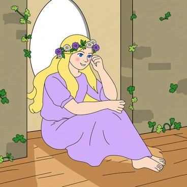 A young woman with long, flowing blonde hair sits on the wooden floor of a tall tower. She has bright blue eyes and a gentle smile. Her hair is adorned with an assortment of colorful wildflowers, including daisies, purple clovers, and small yellow blossoms. She is wearing a flowing lavender dress with puffed sleeves, and her bare feet rest on the floor. The tower walls are made of rough stone, and small green vines creep along the edges. Sunlight streams through a round window, casting a warm glow around her as she carefully weaves the flowers into her hair.