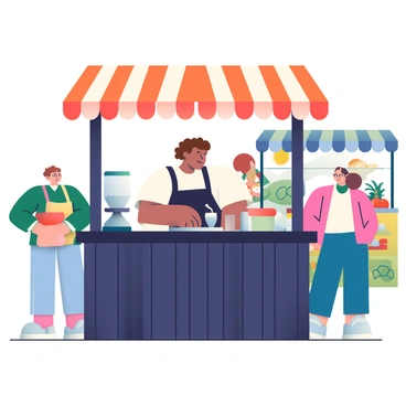 A small espresso stand at a busy street market, with a barista serving