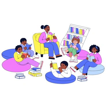 A cozy reading area filled with soft, colorful cushions scattered across the floor. In the center, a teacher sits on a plush armchair, smiling gently as they look at the students. Each student is lounging on a cushion, fully absorbed in their own book. The students have varied appearances, with some showing excitement and others deep concentration. Several stacks of books are placed nearby, and a small bookshelf filled with more titles can be seen in the background. The space is well-lit, creating a warm and inviting atmosphere.