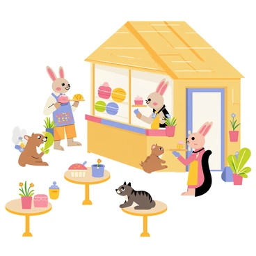 A cozy café with a wooden exterior and a thatched roof, filled with bunnies wearing aprons serving customers. The bunnies are busy arranging colorful pastries on display, including pink cupcakes, yellow tarts, and blue macarons. Small round tables are scattered around the café, each occupied by various animals such as squirrels and hedgehogs, sipping drinks from oversized mugs. Colorful flowers in pots decorate the tables, adding to the inviting atmosphere of the café.