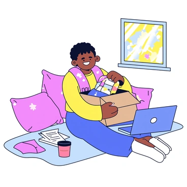 A customer sitting on the floor of a cozy living room, surrounded by soft pillows and a warm blanket. The person has a bright smile while lifting the lid off a cardboard box. Inside the box, a neatly packaged product is visible, wrapped in colorful tissue paper. Sunlight streams through a nearby window, casting gentle shadows. An open laptop is resting beside the customer, with a few scattered product manuals and a coffee mug.