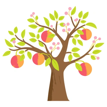 A peach tree with a sturdy brown trunk and sprawling branches. The branches are adorned with delicate pink blossoms, showcasing their full bloom. Several ripe peaches, round and fuzzy, hang from the branches, their skin a vibrant orange with a hint of red. Green leaves surround the fruits, creating a lush backdrop. The scene captures the abundance of fruit ready for picking, with sunlight filtering through the branches, highlighting the peaches' inviting appearance.