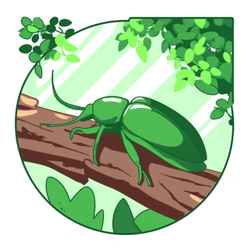 A green Hercules beetle is resting on a textured brown tree branch. The beetle's large, shiny shell reflects the sunlight, showcasing intricate patterns. Rays of sunshine filter through the lush green leaves above, creating dappled light on the beetle and surrounding area. The background is filled with soft green foliage, enhancing the natural setting. The scene conveys a sense of tranquility and the beauty of nature.