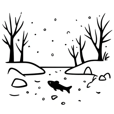 A trout swimming gracefully in clear water, surrounded by smooth pebbles on the riverbed. Snowflakes are gently falling from the sky, landing on the surface of the water and on the banks of the river. Trees with bare branches line the river, their trunks and limbs dusted with snow. A few rocks protrude from the water, partially covered in a light layer of snow. The atmosphere is tranquil, capturing the serene beauty of winter in nature.