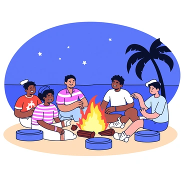 A group of sailors sitting around a large bonfire on a sandy beach. The sailors are wearing casual clothing, with some in striped shirts and others in simple tank tops. The bonfire is crackling, with bright orange flames and glowing embers. The night sky above is filled with stars, and a few palm trees are silhouetted in the background. Scattered around the bonfire are logs and small stones used as seating. The sailors appear relaxed, sharing stories and laughter as they enjoy their time together after a long day at sea.