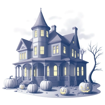 A Halloween card features a large, detailed haunted house. The house has multiple gabled roofs, crooked chimneys, and an assortment of windows with varying shapes and sizes. The structure is overgrown with dark, twisted vines and shadows loom around it, creating an eerie atmosphere. In the foreground, there are several pumpkins of different sizes scattered around, some carved with menacing faces. The ground is uneven and appears to be covered in fallen leaves and small stones. A dark sky looms overhead, adding to the spooky ambiance of the scene.