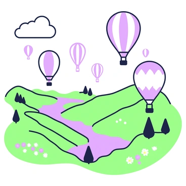 A sky filled with hot air balloons of various shapes and sizes, floating gracefully. Some balloons have distinct patterns, while others are simple in design. Below them, a scenic landscape unfolds, featuring rolling hills and patches of greenery. A winding river can be seen snaking through the valley, reflecting the balloons above. In the distance, there are clusters of trees and small clusters of colorful wildflowers dotting the fields. The horizon is adorned with soft, billowing clouds that complement the scene.