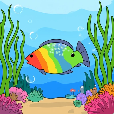 A vibrant rainbow fish with iridescent scales swimming gracefully through an underwater kelp forest. The fish has bright colors including shades of blue, green, yellow, and red, reflecting light as it moves. Tall strands of green kelp sway gently in the water, their leaves catching glimmers of sunlight. Surrounding the kelp forest are various colorful corals and small sea creatures peeking out from their hiding spots. Bubbles rise to the surface, creating a lively underwater atmosphere. The background is filled with different shades of blue, indicating the depths of the ocean.