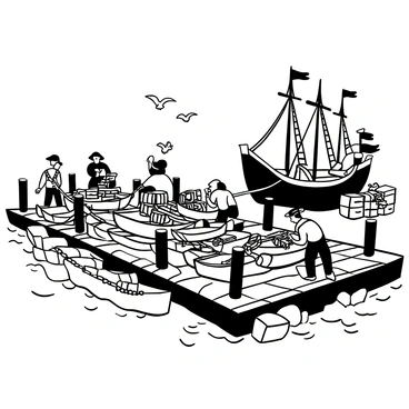 A bustling pirate dock filled with multiple rowboats, each tied to the wooden posts along the shore. Pirates in various poses are engaged in loading supplies onto the boats, with barrels, crates, and fishing nets scattered around. A large pirate ship is anchored nearby, with sails unfurled and ropes hanging down. Seagulls are depicted flying overhead, and a few pirates are seen shouting orders while others haul heavy items. The dock is made of weathered wood, showing signs of wear and tear, surrounded by the ocean waves lapping against it.