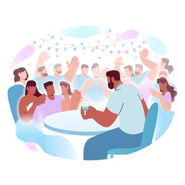 A person is sitting at a round table, with a drink in hand, looking down at the surface. The individual is wearing a casual outfit, and their posture is slightly hunched, indicating a sense of withdrawal. Around the table, numerous people are engaged in lively conversations, laughing and raising their glasses. The room is filled with colorful decorations and string lights that create a vibrant atmosphere. In the background, clusters of partygoers are animatedly discussing, while others are dancing, all captured in various shades of gradient pastel colors.