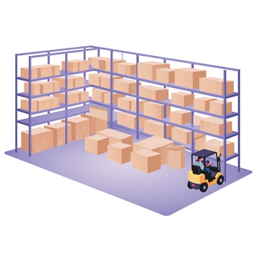 A digital flat illustration depicting an organized warehouse interior. The scene features tall metal shelves that stretch up towards the ceiling, filled with neatly packed cardboard boxes of various sizes. The shelves are arranged in rows, creating clearly defined aisles between them. The floor is smooth and polished, with a light gray color. Soft, ambient lighting illuminates the space, highlighting the orderly arrangement of the boxes. In the foreground, a forklift is parked, its driver visible in the cabin, ready to move boxes. A few small labels can be seen on the shelves to indicate the contents of the boxes.