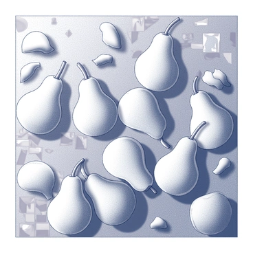 A mosaic artwork featuring various "birnen" in abstract forms. The composition includes a collection of pear shapes, each with unique outlines and structures. The shapes are arranged in an intricate pattern, with overlapping elements creating depth. The background consists of geometric shapes that enhance the overall layout. Each "birne" is distinct, showcasing different arrangements, sizes, and orientations. The details of the mosaic include varied textural elements, with a blend of smooth and rough surfaces that invite close inspection.