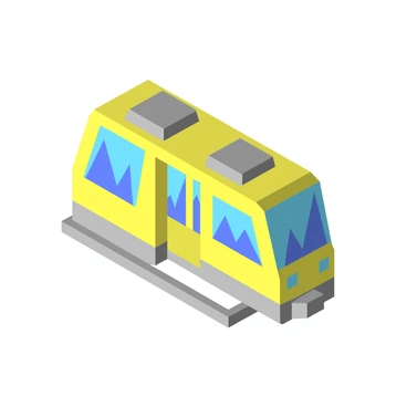 A metro train passing through an urban environment with iconic city landmarks visible through the windows.