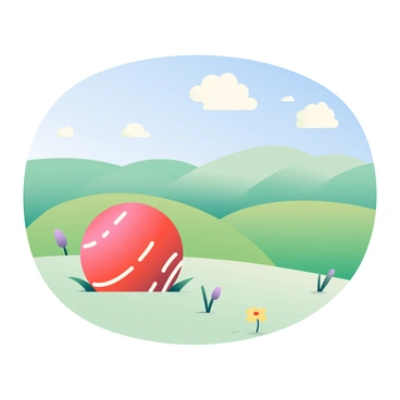 A red cricket ball is resting on the soft green grass in the foreground. In the background, there are gently rolling hills with various shades of green under a bright blue sky. Fluffy white clouds are scattered across the sky, casting soft shadows on the hills. A few wildflowers in yellow and purple are blooming near the cricket ball, adding touches of color to the scene. The overall composition showcases the tranquil beauty of nature.