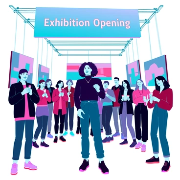 An artist with medium-length curly hair, wearing a black turtleneck and dark jeans, stands at the center of a spacious modern art gallery. The walls are adorned with vibrant abstract paintings that feature bold colors and geometric shapes. A diverse crowd of people, dressed in fashionable attire, is gathered around the artist, clapping their hands in appreciation. Some audience members hold glasses of champagne and smile, while others take photos with their smartphones. The lighting in the gallery is bright, highlighting the artwork and creating a lively atmosphere. A large banner with the words “Exhibition Opening” hangs above, adding context to the scene.