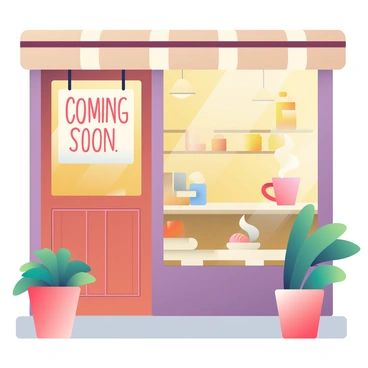 A cozy cafe with a rustic wooden door has a large, handwritten "Coming Soon" sign hanging on it. The exterior is painted in warm, earthy tones, creating an inviting atmosphere. A few potted plants are placed on either side of the door, adding a touch of greenery. Through the window, you can see glimpses of warm lighting inside, illuminating the comfortable seating arrangements. There are coffee cups and pastries displayed on a counter behind the glass, and a soft swirl of steam is rising from a coffee cup on a nearby table, suggesting the aroma of fresh coffee wafting out into the air.