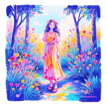 A serene scene of a person in bohemian style clothing surrounded by nature, with the hashtag #BohoChic