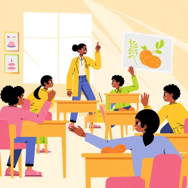 A bright classroom filled with children eagerly engaged in learning about sweet potatoes. The walls are decorated with colorful posters showcasing various facts and pictures of sweet potatoes. A cheerful teacher stands at the front, pointing to a large poster of a sweet potato plant. The children, a diverse group, are seated at wooden desks, some raising their hands, while others are examining a basket filled with fresh sweet potatoes placed on a nearby table. Sunlight streams in through the windows, illuminating the vibrant atmosphere of learning.