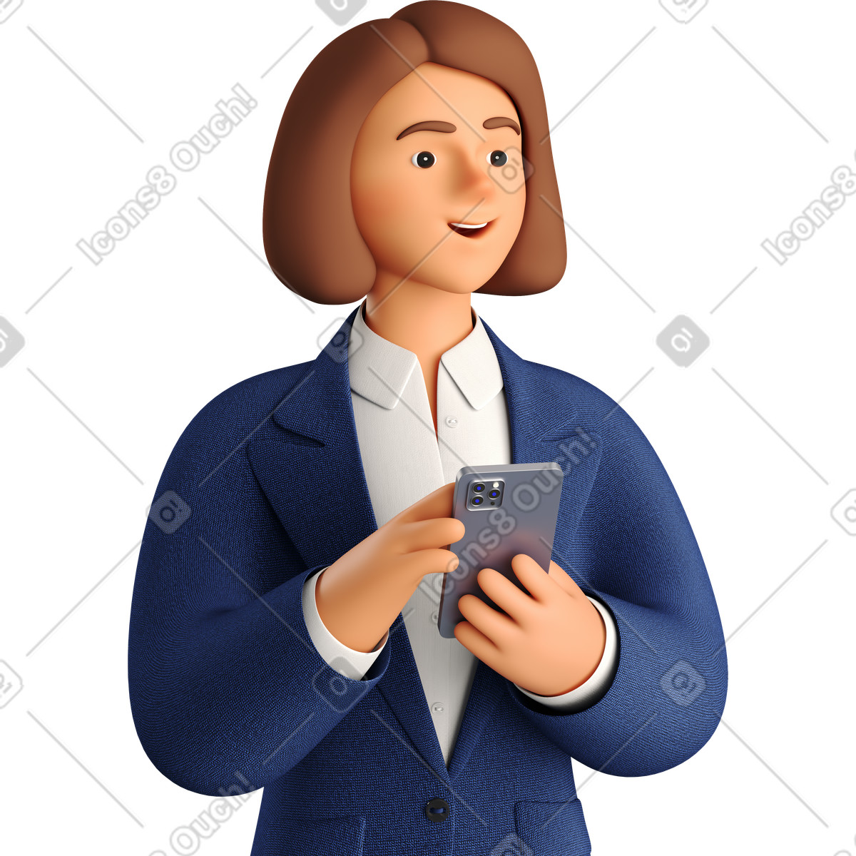 Ilustración Businesswoman in blue suit with phone looking aside en estilo 3D Business a descargar en PNG y SVG