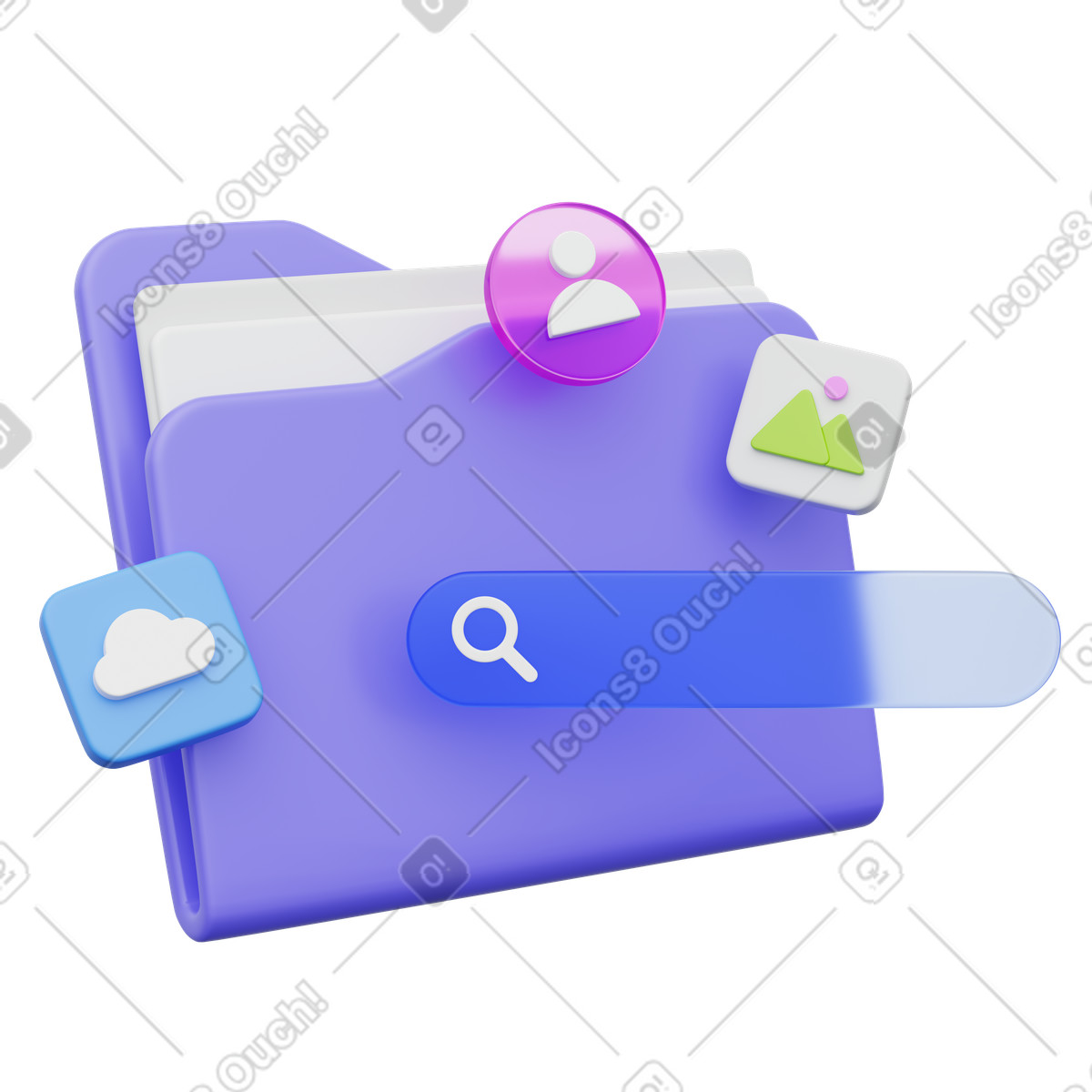 Folder search bar for organizing digital files photos and cloud documents-Illustration im 3D Playful-Stil als Download in PNG, SVG