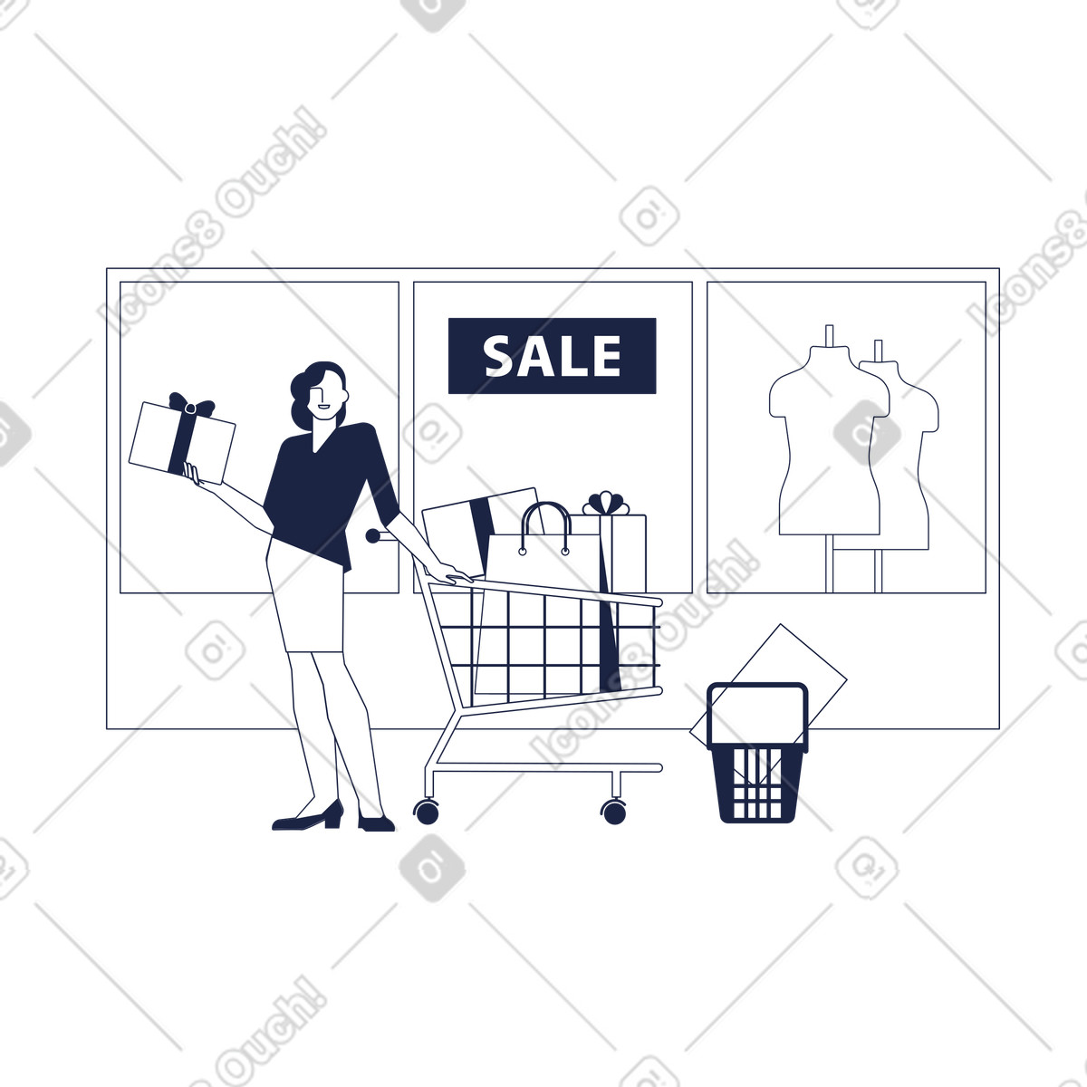 Ilustración Mujer comprando regalos con descuento de temporada. en estilo Urban Line a descargar en PNG y SVG