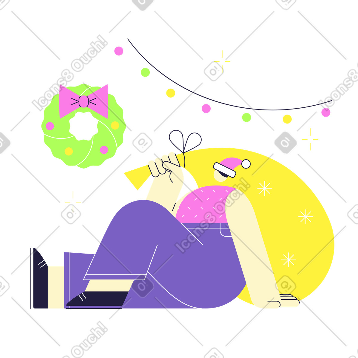 Weihnachtsdekorationen und mann sitzt auf dem boden-Illustration im Mellow-Stil als Download in PNG, SVG