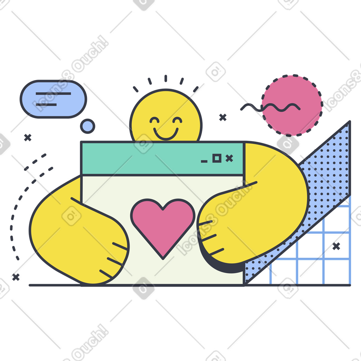 Emoji hugging website page with heart sign, Digital feedback and user love concept illustration in Abstract style download in PNG, SVG