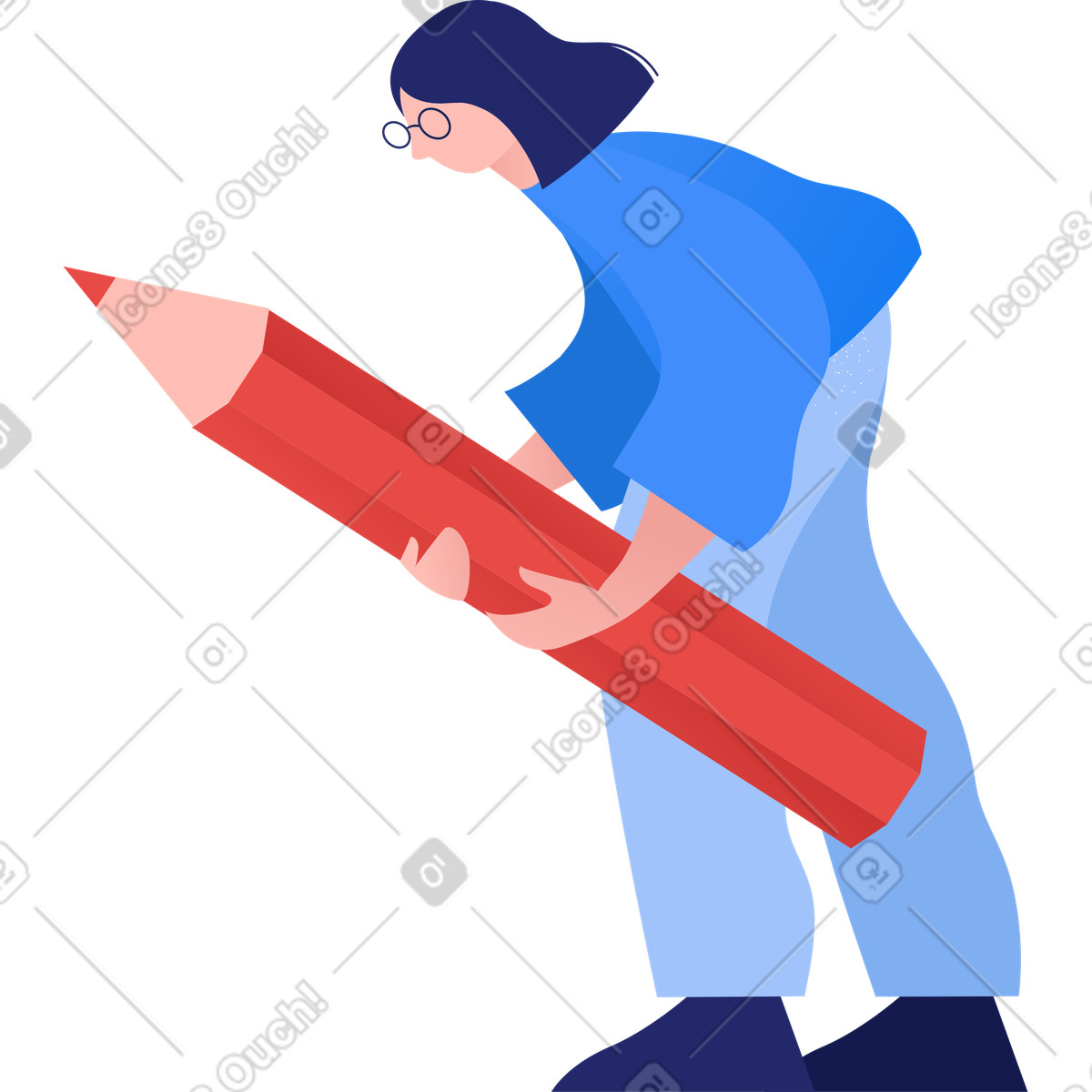Girl holding a pencil and bending over illustration in Clip style download in PNG, SVG