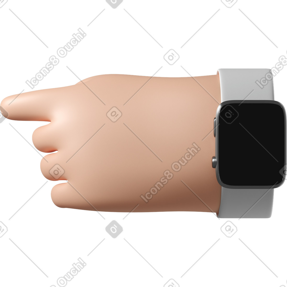 White skin hand with smartwatch turned off pointing left illustration in 3D Hands Fun&Wild style download in PNG, SVG
