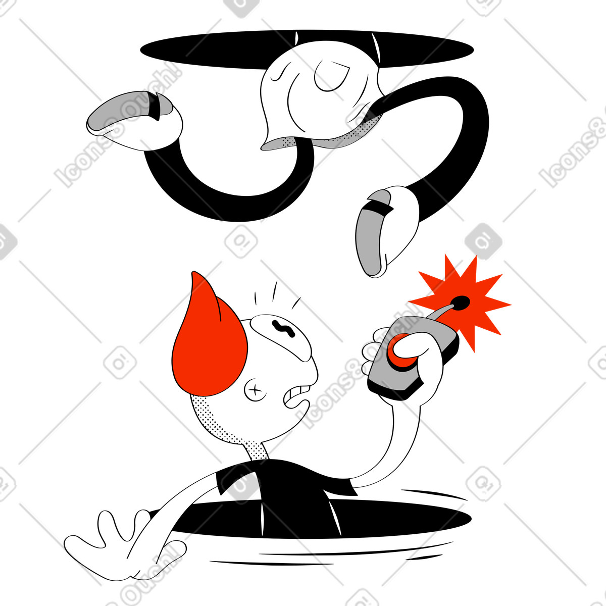 Illustration Wrong teleportation hatch, Connection failed or bad gateway error dans le style Looney à télécharger aux formats PNG, SVG