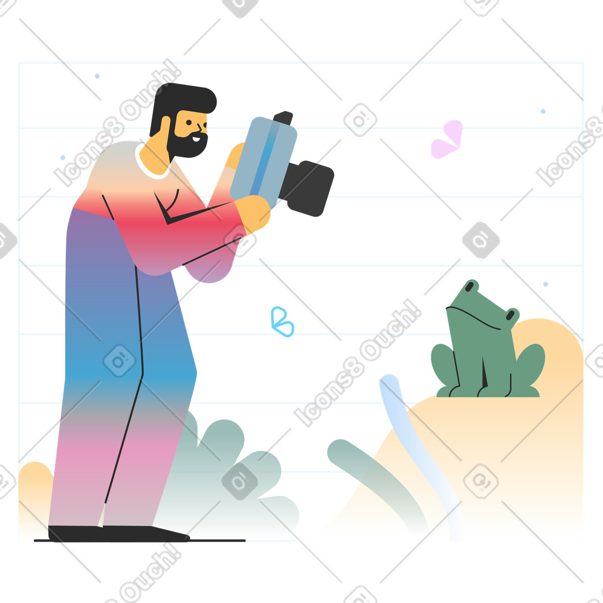 Ilustração de Homem tirando foto sapo em no estilo Marginalia para baixar em PNG, SVG