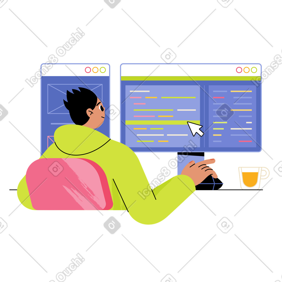 Man programmer writing code and make web design on a PC animated illustration in Juicy style download in GIF, Lottie (JSON), AE