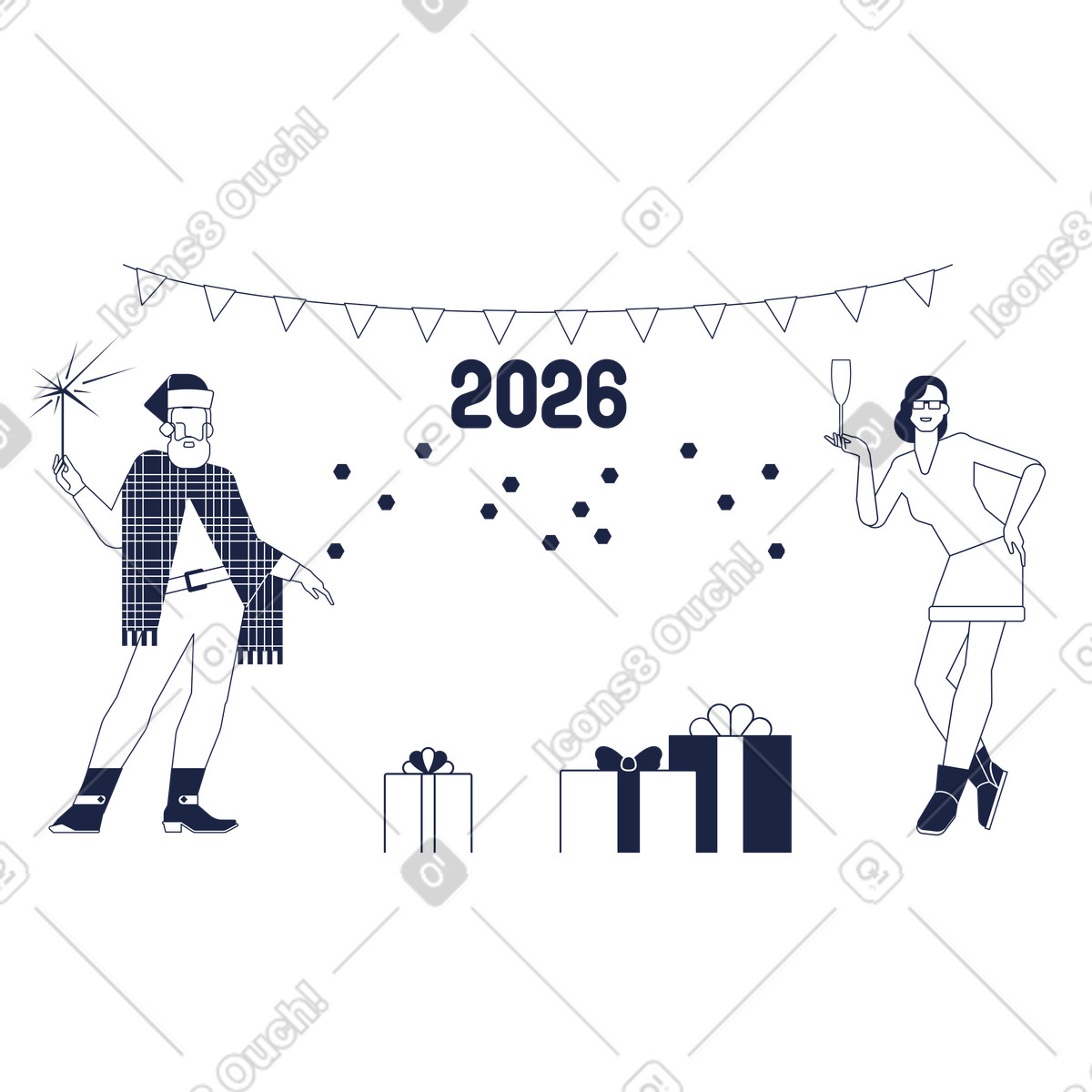 Friends celebrating New Year 2026, Seasonal party and gift exchange illustrazione in stile Urban Line scarica in PNG, SVG